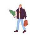 Person carrying Christmas fir tree and shopping bag. Man walking with festive firtree. Preparations for winter holidays