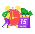 Person carrying money bag beside large clock and calendar marked tax day. Tax deadline concept, financial calendar