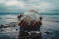 A person catches plastic waste floating on the surface of the sea with his hand, pollution of the world ocean,generative