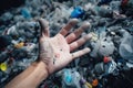 A person catches plastic waste floating on the surface of the sea with his hand, pollution of the world ocean,generative