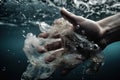 A person catches plastic waste floating on the surface of the sea with his hand, pollution of the world ocean,generative