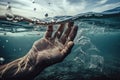 A person catches plastic waste floating on the surface of the sea with his hand, pollution of the world ocean,generative