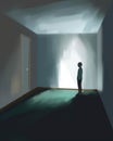 A person in the center of an empty room with a spotlight illuminating their sadness. Psychology emotions concept. AI