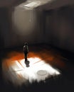 A person in the center of an empty room with a spotlight illuminating their sadness. Psychology emotions concept. AI