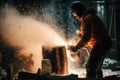 a person, with a chainsaw and sawdust, chopping logs for winter fire