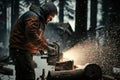 a person, with a chainsaw and sawdust, chopping logs for winter fire