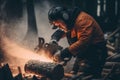 a person, with a chainsaw and sawdust, chopping logs for winter fire