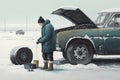 person, changing tires on car, in snowy and freezing winter setting