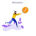 Person chasing dollar coin. Concept of extrinsic motivation, external reward or incentive, pursuing financial gain