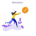 Person chasing dollar coin. Concept of extrinsic motivation, external reward or incentive, pursuing financial gain