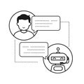 Person chatting with chat bot in vector illustration