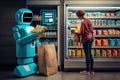 person, checking out groceries, with android robot bagging the items