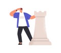 Person with chess piece searching opportunity, seeking for solution, looking forward and estimating risks of future step Royalty Free Stock Photo