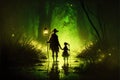 Person and child observing luminescent green swamp in mystical forest. illustration painting