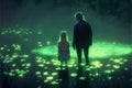 Person and child observing luminescent green swamp in mystical forest. illustration painting Royalty Free Stock Photo