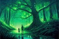 Person and child observing luminescent green swamp in mystical forest. illustration painting Royalty Free Stock Photo