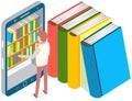 Person chooses book in digital online library on smartphone. Distance education with modern app