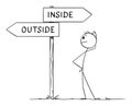 Person Choosing Outside or Inside, Vector Cartoon Stick Figure Illustration Royalty Free Stock Photo
