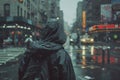 A person clad in a hooded jacket, back facing the camera, walks alone on a snowy city street,