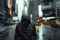 A person clad in a hooded jacket, back facing the camera, walks alone on a snowy city street,