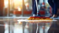 A person cleaning a floor with a broom, AI Royalty Free Stock Photo