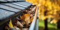 Person cleaning gutters, preparing the house for winter, with fallen leaves and early snow around , concept of Seasonal Royalty Free Stock Photo