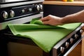 Person Cleaning Kitchen Oven Surface with Green Microfiber Cloth and Detergent Spray