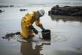 person, cleaning up oil spill in marine environment, with bucket and sponge
