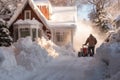 Person clearing snow with snowblower near wooden house