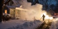 Person clears paths from snow using a flamethrower in front of their house, concept of Infrared heating