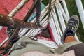 Person climbing a triangular guyed lattice mast near Santa Elena village, Costa Ri Royalty Free Stock Photo