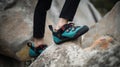 Person climbing while wearing rock climbing shoes. Generative AI Royalty Free Stock Photo