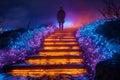 Person climbs stairs adorned with world of violet Christmas lights Royalty Free Stock Photo