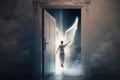 person, closing the door to heaven and going back to earth, after receiving a heavenly blessing Royalty Free Stock Photo