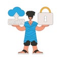 Person with cloud storage and a lock to protect data.
