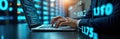 Person codes on a laptop. Digital tech data center background. Focus on software development. Coding session. Modern workplace.