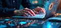 Person codes on laptop. Hands type on keyboard. Tech interface with circuits. Innovation concept. IoT software development.