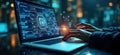 Person codes on laptop. Modern tech interface. Innovation, programming concept. Focus on software development. Hands typing on