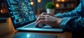 Person codes on laptop. Modern tech interface shows innovative software. Developer works on creative project. Coding session.