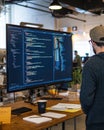 A person coding at a desk with a large monitor displaying programming code Royalty Free Stock Photo