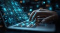 Person coding on laptop with digital circuit overlay in dark room