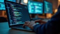 Person coding on laptop. Focused person working on Javascript code. Digital tech innovation. Software development. IOT, network