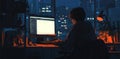Person Coding Late at Night in City View Room, Programming and Focus with Urban Lights Theme