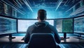 Person coding with multiple monitors displaying futuristic data streams, immersed in high tech environment, showcasing sharp and Royalty Free Stock Photo