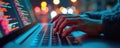 Person coding, typing on laptop at night. Website content management system, modern software programming code on display. Royalty Free Stock Photo