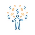 Person with coins and dollar sign above his head. Vector thin line icon. Concepts of success, getting rich, winning and earning