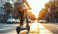 Person commuting on an eco-friendly electric scooter on a sunny urban city street, showcasing sustainable transportation and
