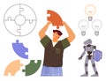 Person Completing Puzzle with Robot Companion and Lightbulb Ideas Representing Innovation and Problem-Solving Royalty Free Stock Photo