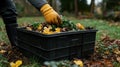 Person composting organic waste in garden during autumn Royalty Free Stock Photo