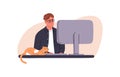 Person at computer, cat lying on desk. Man freelance worker and cute kitty at home office. Remote work of pet owner and Royalty Free Stock Photo